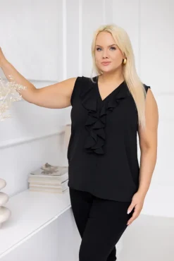 Czarna Bluzka z żabotem ZENTIO<Włoski Clearance