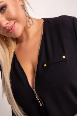 Czarna Bluzka z rozsuwanym dekoltem MERXIO<Włoski Discount