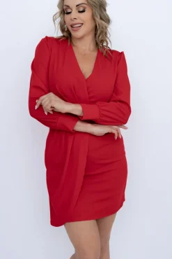 Czerwona Sukienka z marszczeniem VISTERO<Włoski Best