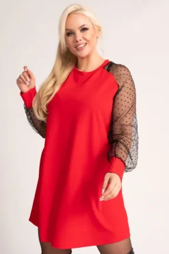 Czerwona Sukienka z przezroczystymi rękawami BONDI<Włoski Best
