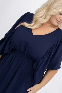 Granatowa Sukienka z marszczeniem VELUZINO<Polski Hot