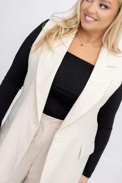 Jasnobeżowa Kamizelka elegancka z dżetami RAGI<Włoski Hot