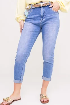 Jasnoniebieskie Spodnie jeansowe z paskiem LINDURI< Hot