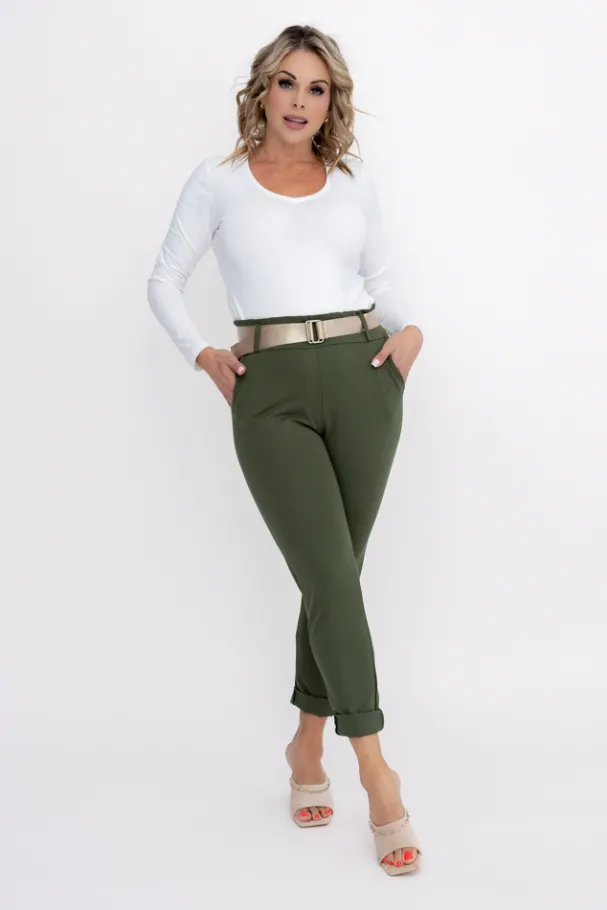 Khaki Spodnie z paskiem ARTEMIS<Włoski Sale