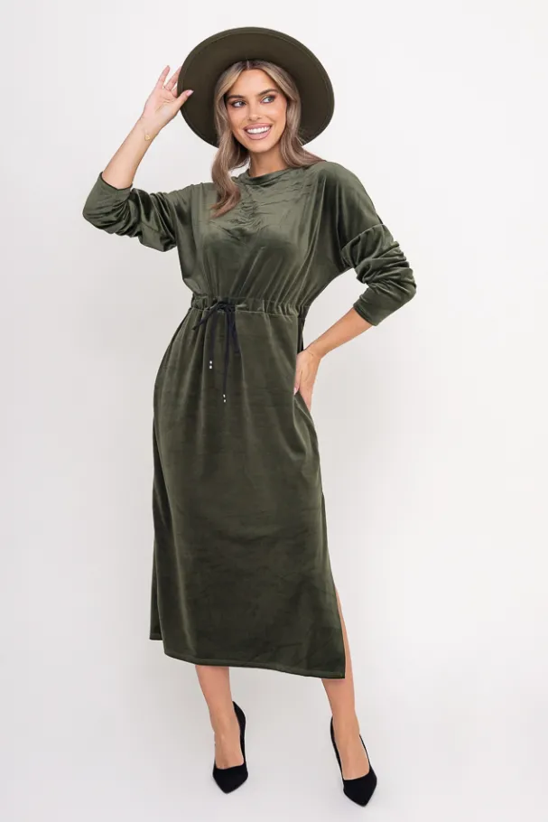 Khaki Sukienka welurowa CRYSTAL<Włoski Outlet