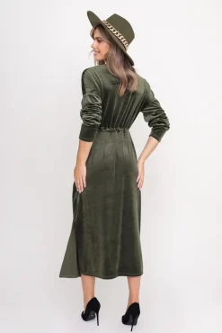 Khaki Sukienka welurowa CRYSTAL<Włoski Outlet