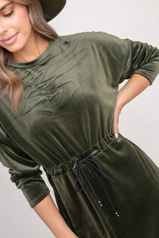 Khaki Sukienka welurowa CRYSTAL<Włoski Outlet
