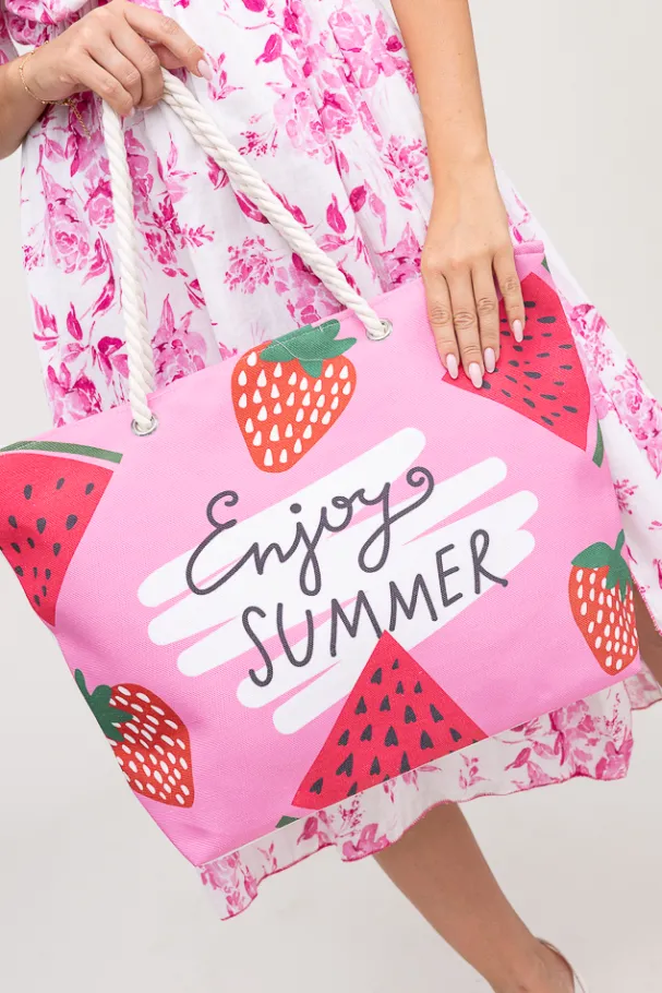 Różowo-biała Torebka plażowa STRAWBERRY< Hot