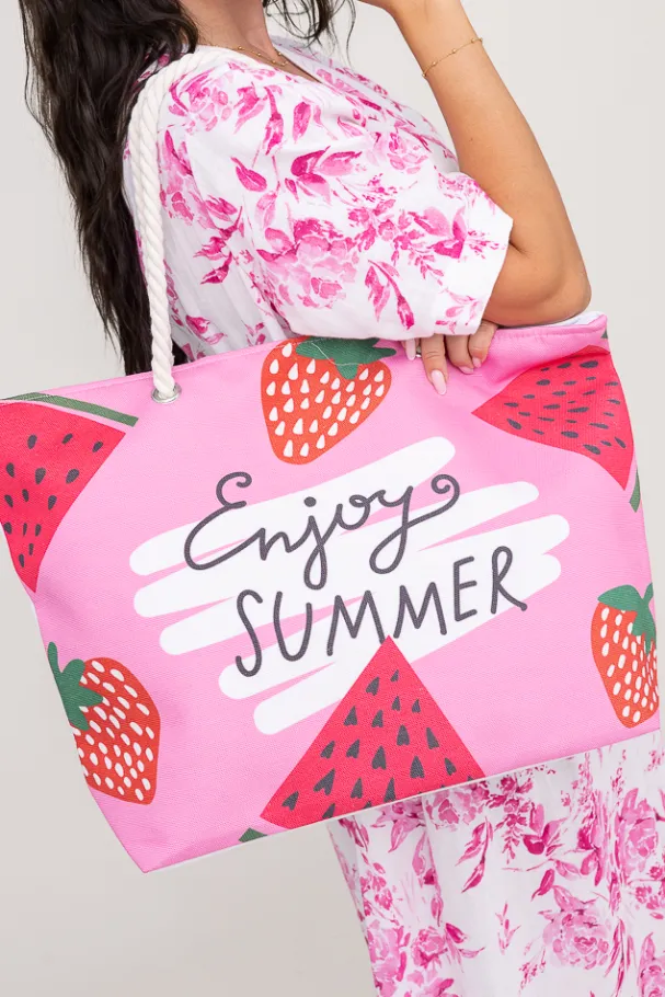 Różowo-biała Torebka plażowa STRAWBERRY< Hot